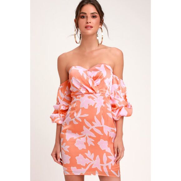 Lulu's Baros Coral Orange Floral Print Off Shoulder Bodycon Dress S Barbie Pink - Picture 2 of 12